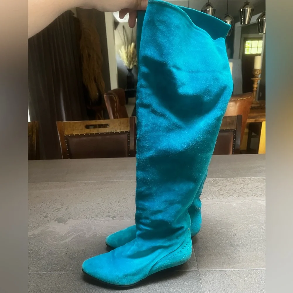 Vintage Neiman Marcus Teal Suede Knee Length Boots Size 37.5